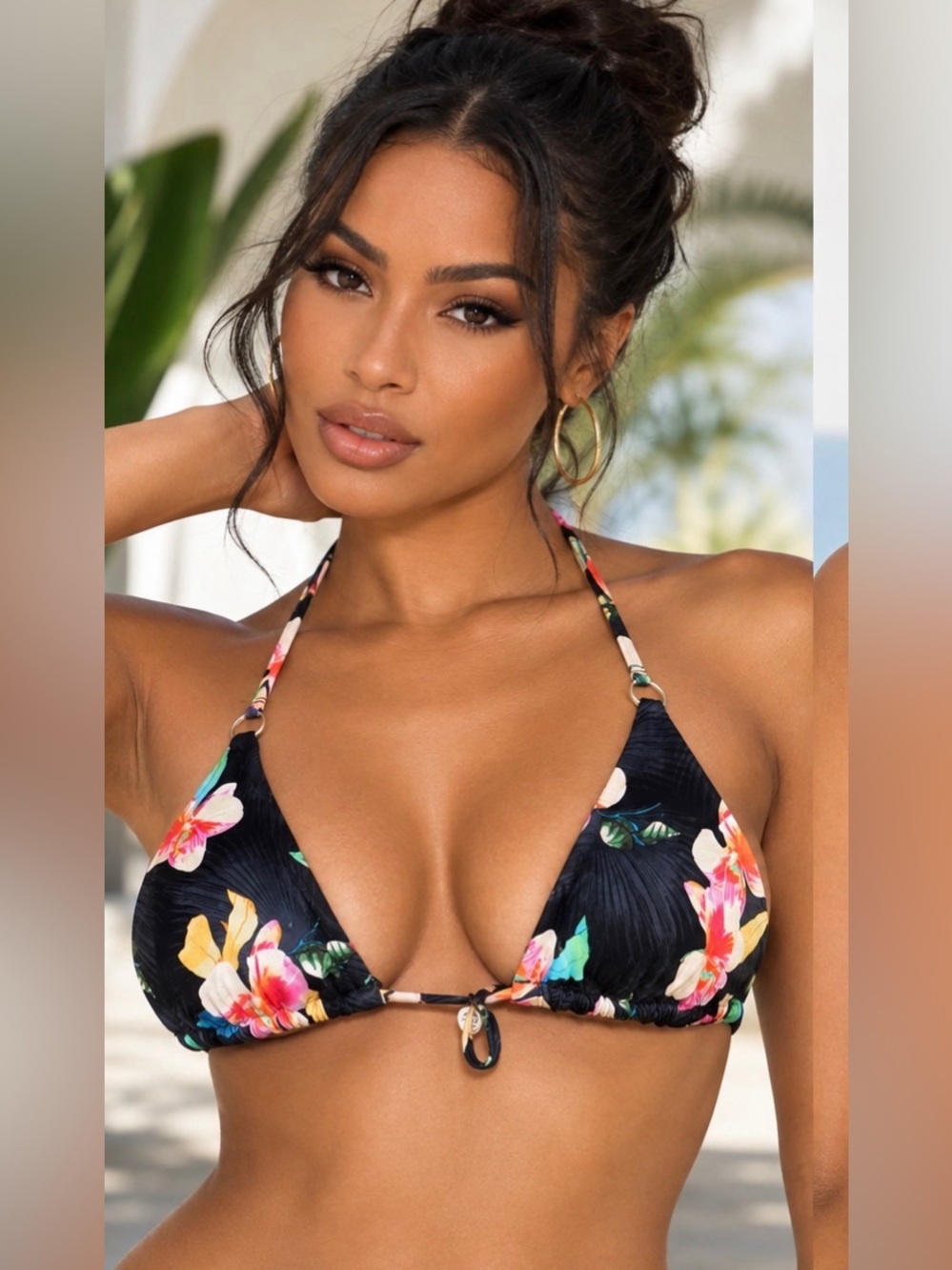 Banana Moon Black Floral Triangle Bikini Top Tropical Tie Halter